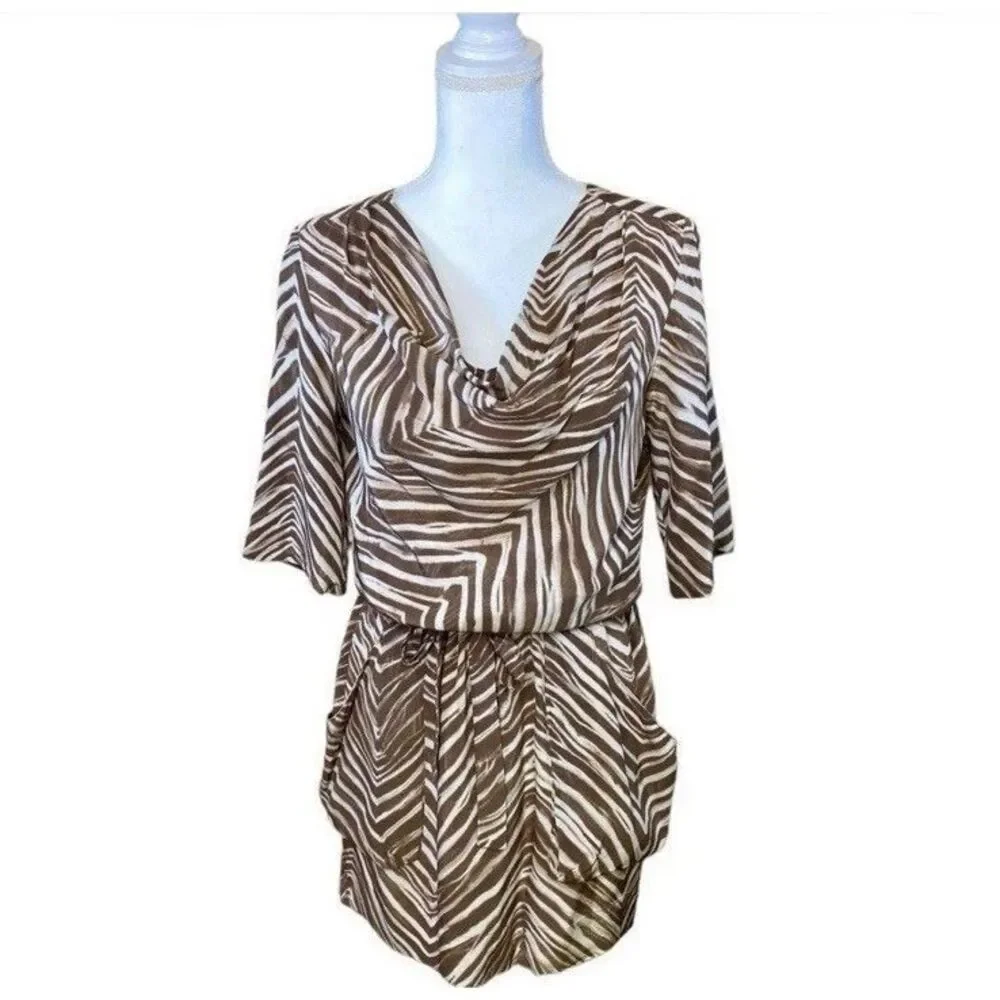 BCBGMAXAZRIA Silk Zebra Mini Dress XS Brown Ivory Belted Ruched Sleeve Pockets